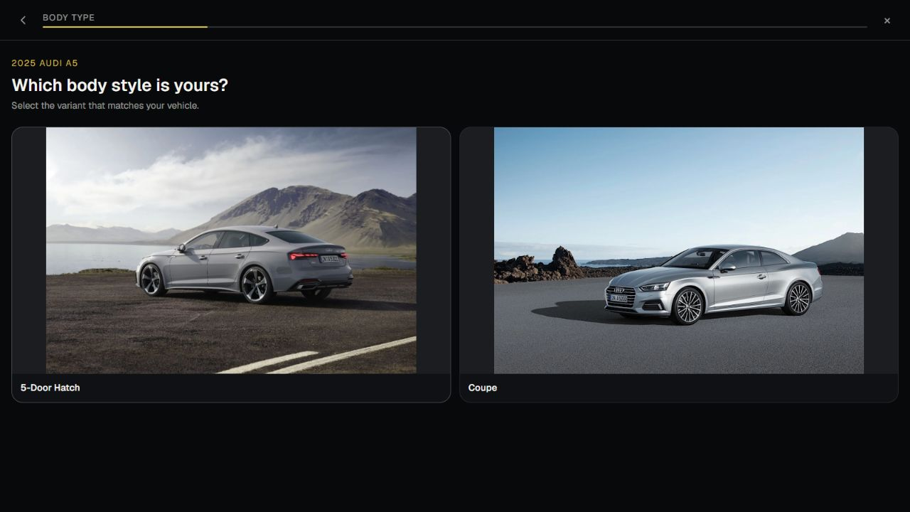 Vehicle picker showing Audi A5 body-style choices with photos of a five-door hatch and coupe