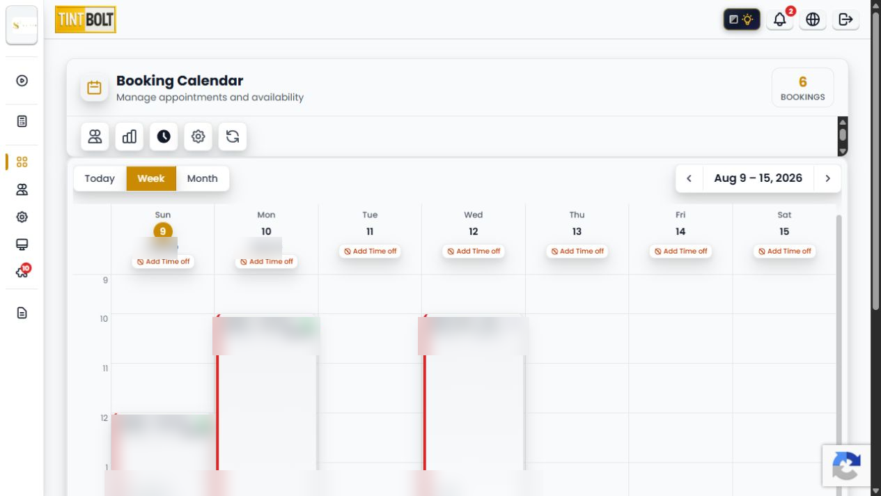 Tint Bolt Powerhouse booking calendar with customer details obscured