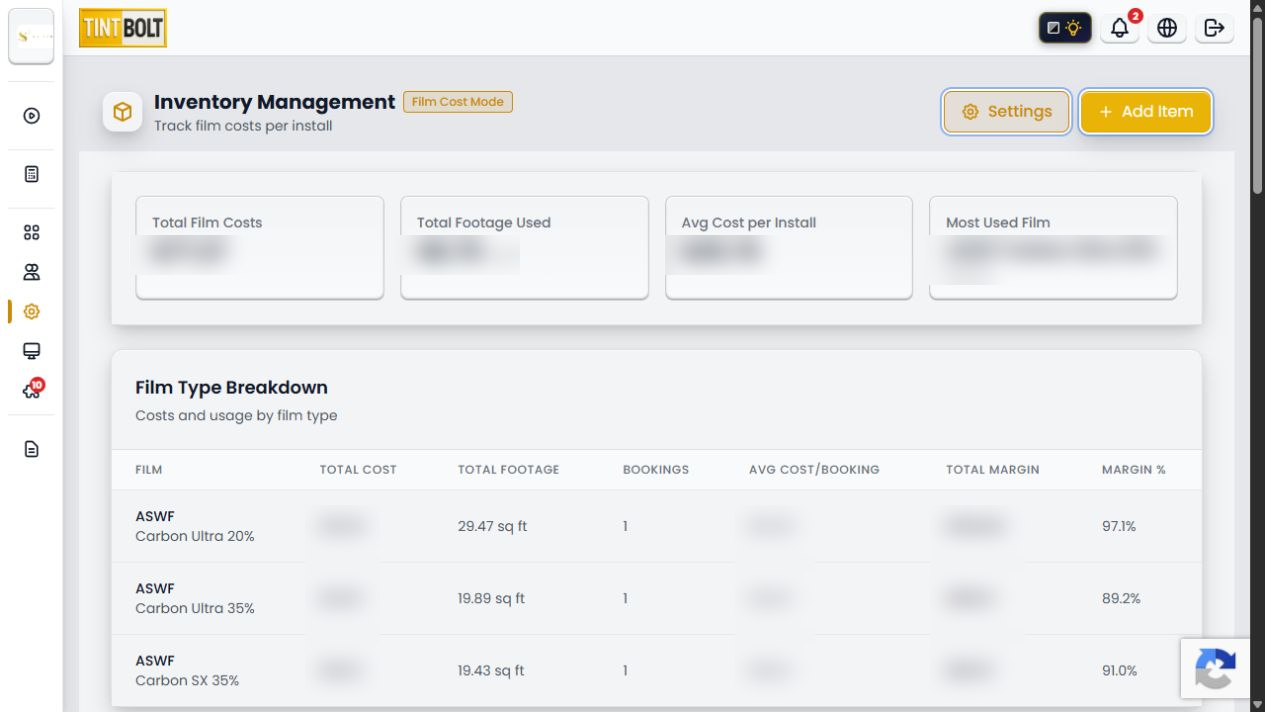 Tint Bolt Powerhouse film cost and inventory view with live figures obscured