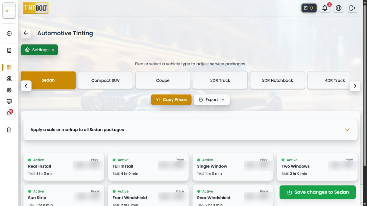Tint Bolt Powerhouse vehicle-based service pricing with prices obscured