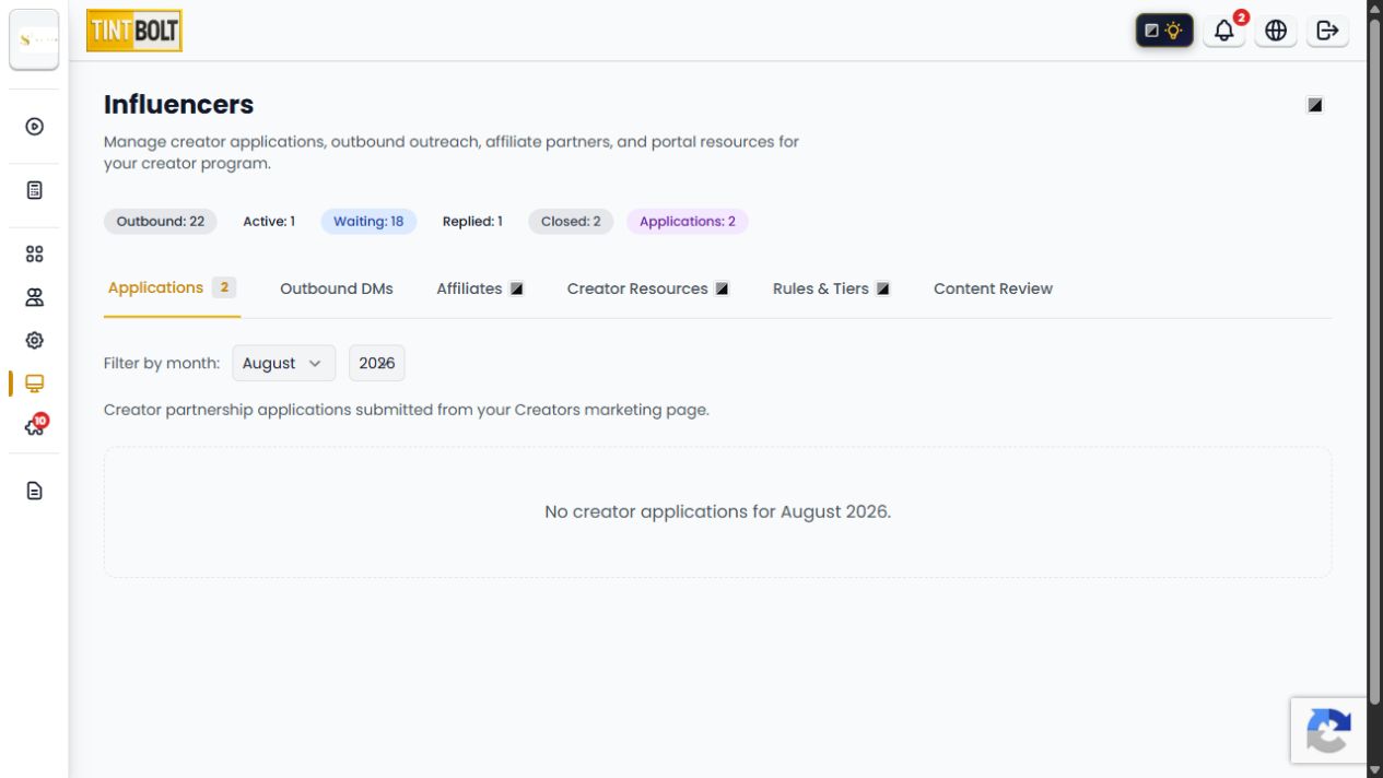Tint Bolt Shadow creator and affiliate program workspace