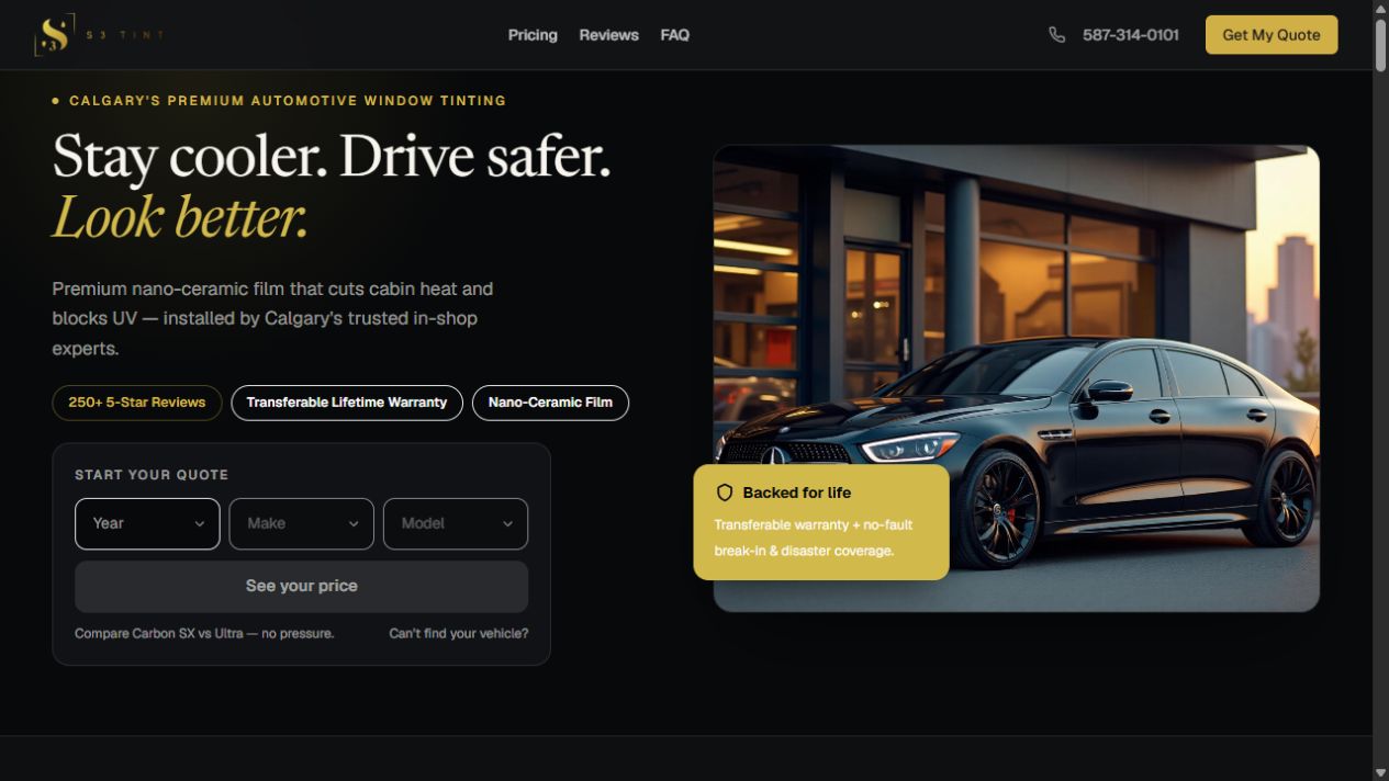 Custom S3 Tint website with built-in vehicle quote flow